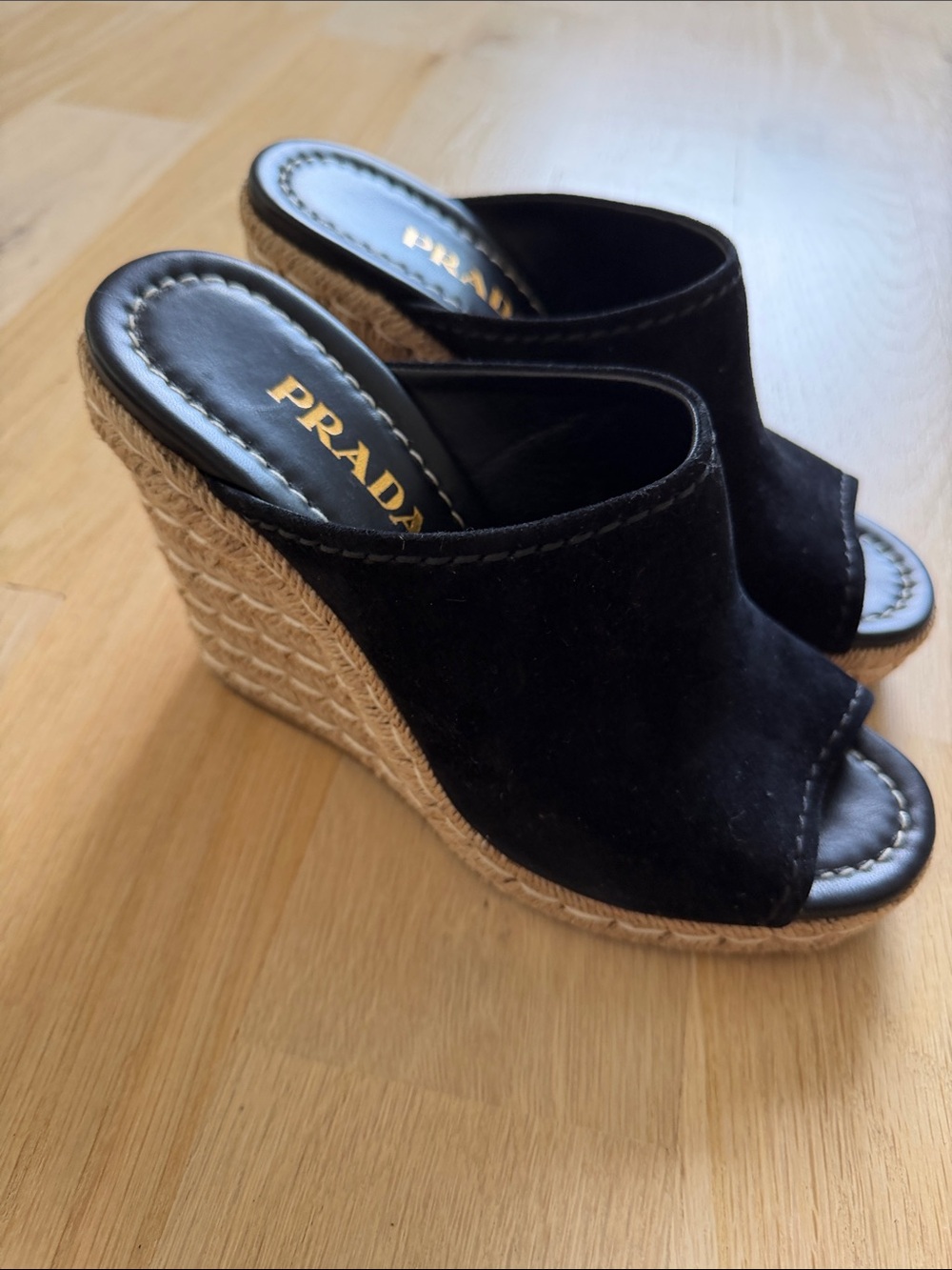 Prada Black Suede Espadrille Wedge Slides